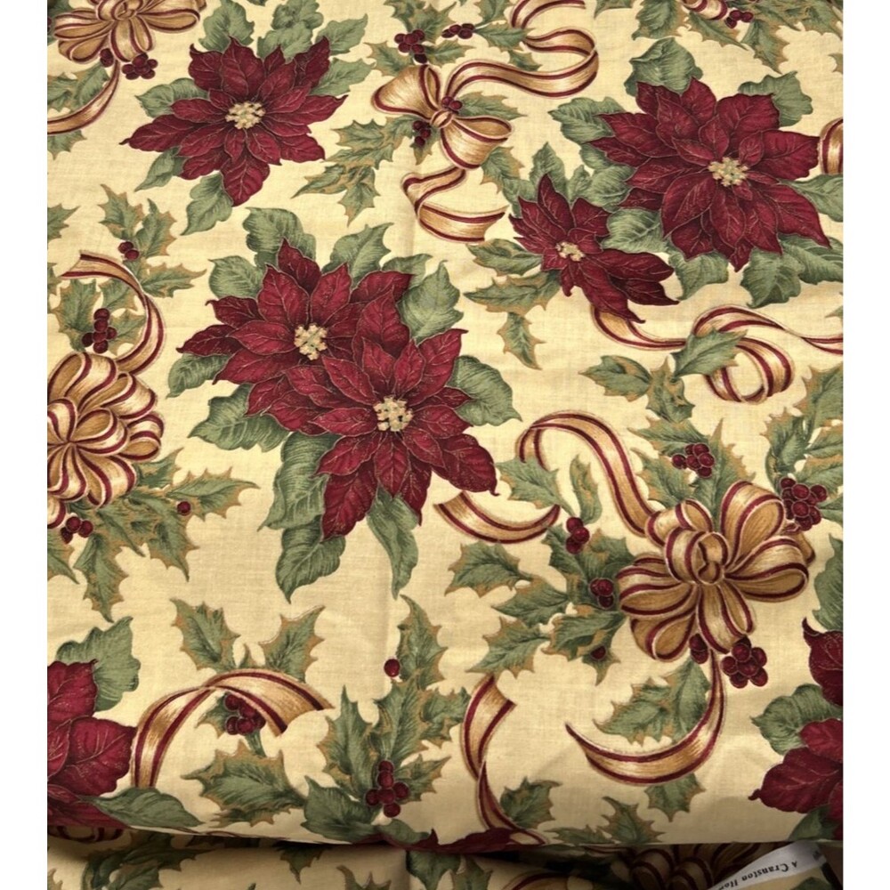 Cranston Home Christmas Holly Poinsettia Bows Floral Yellow Print Cotton Fabric